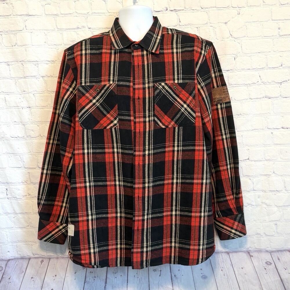 Rocawear Shirt Mens 2XL Red Black Plaid USA Leather Flag Elbow Patch Heavyweight